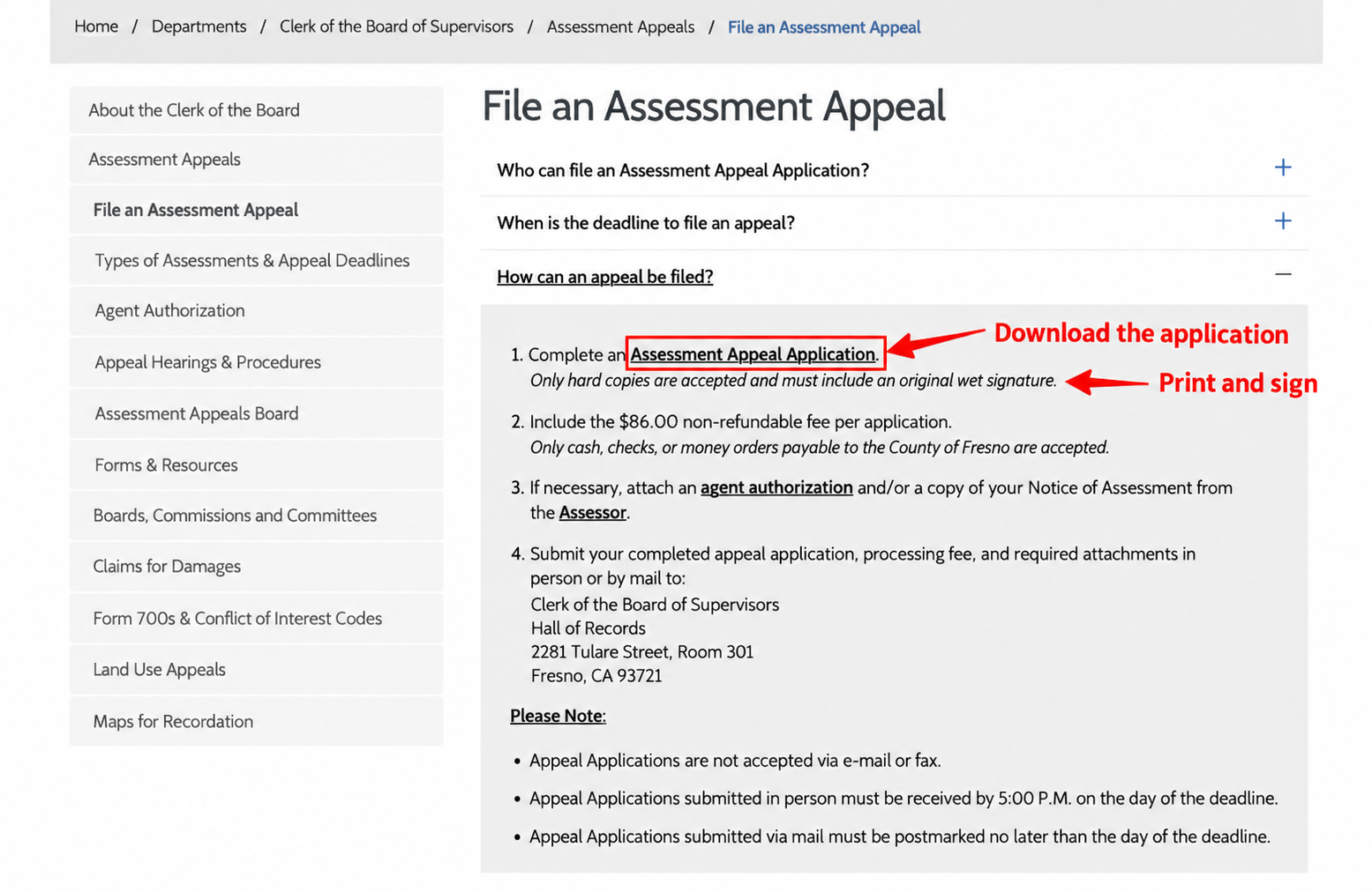 Download the appeal application and prepare a signed paper copy