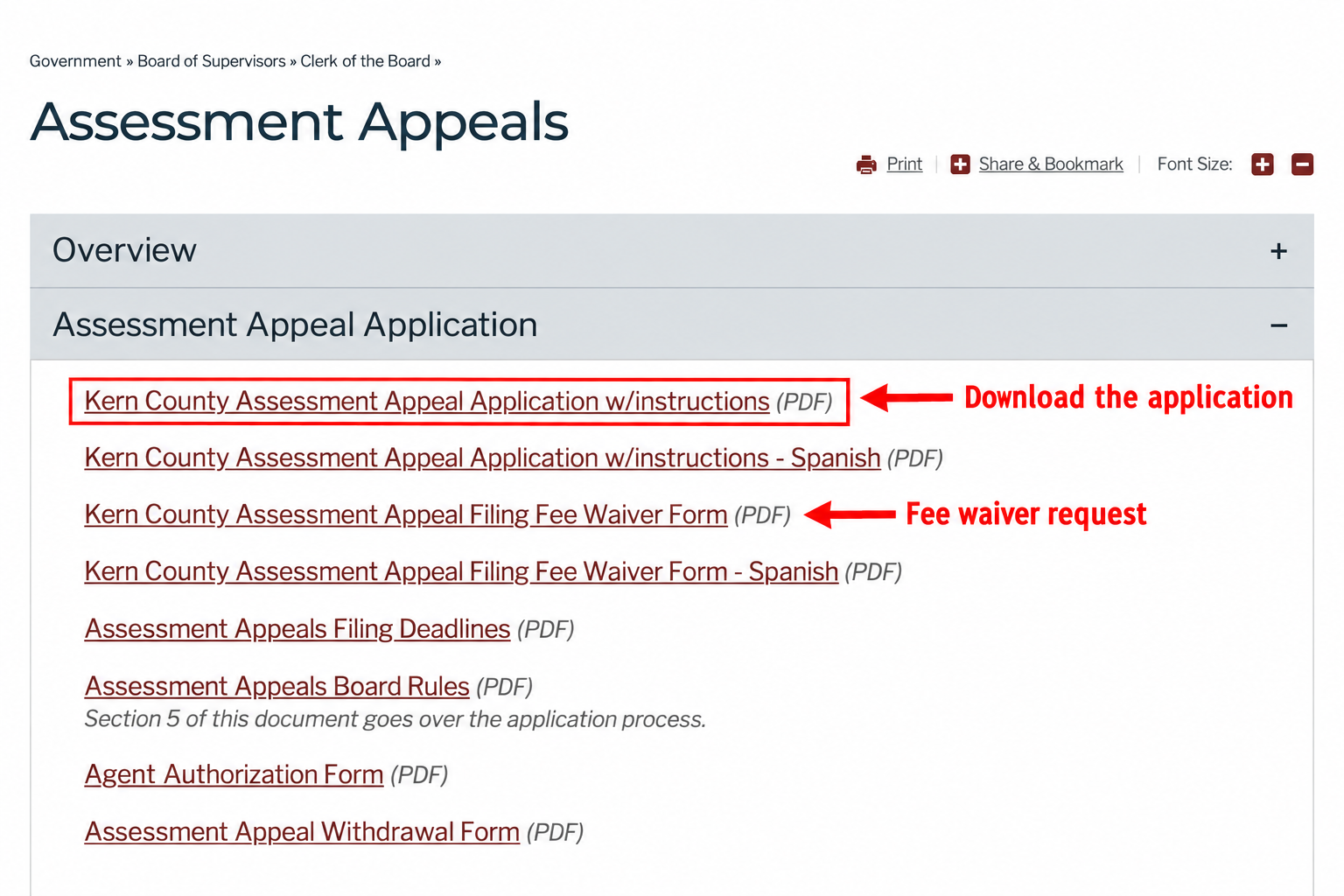Download the appeal application and find the fee waiver form