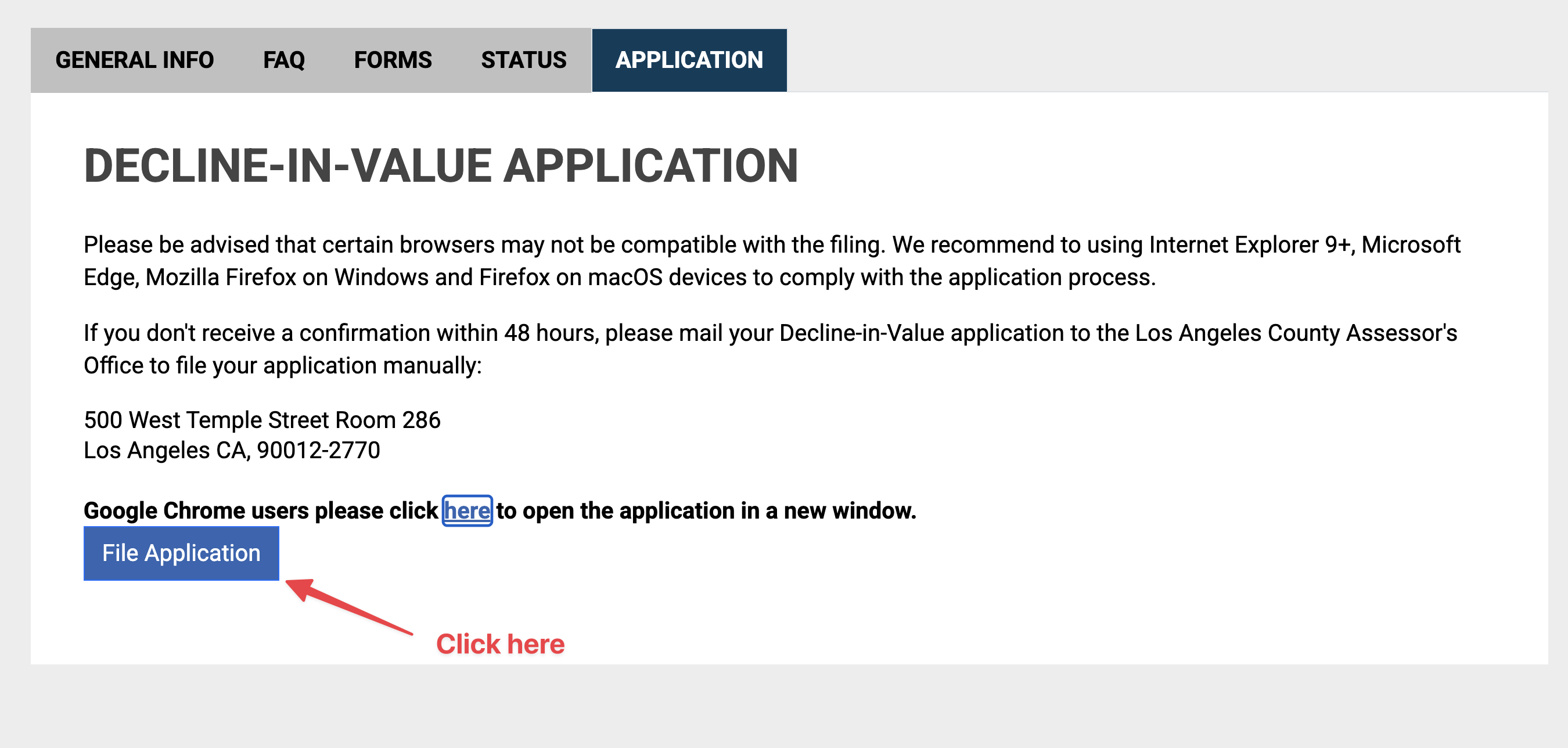 Los Angeles informal — Click the “File application”