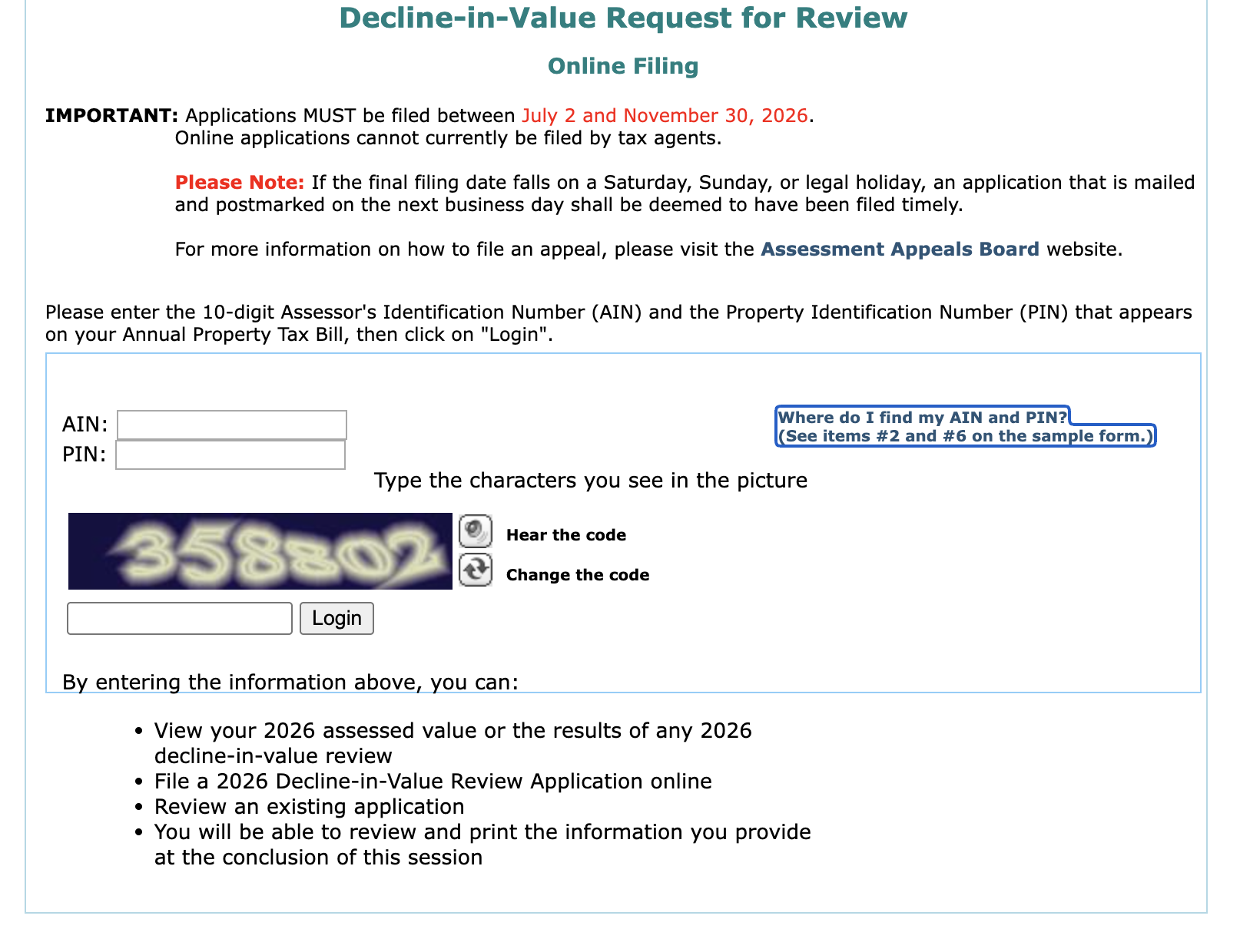 Los Angeles informal — Fill out the AIN and PIN number to start your informal application