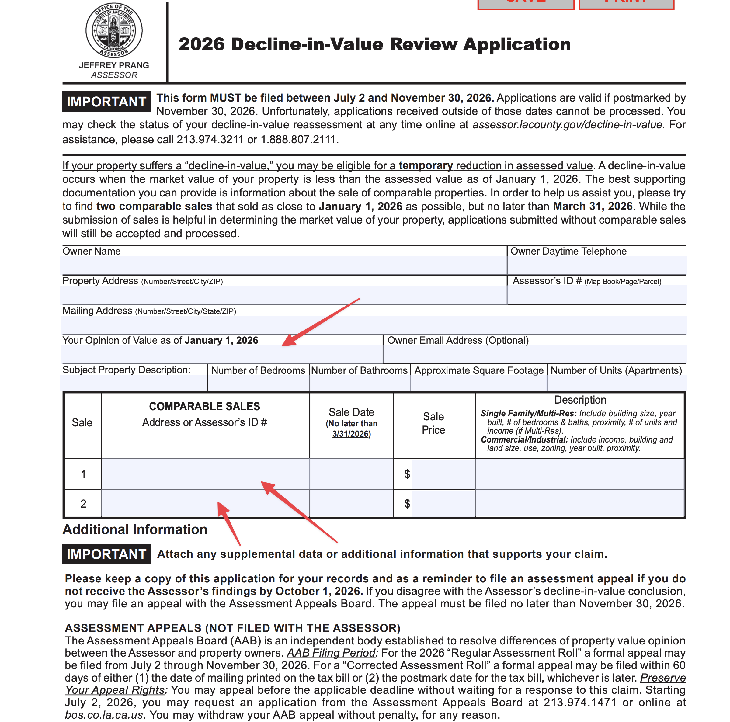 Los Angeles PR-87 form showing the two comparable-sale fields.