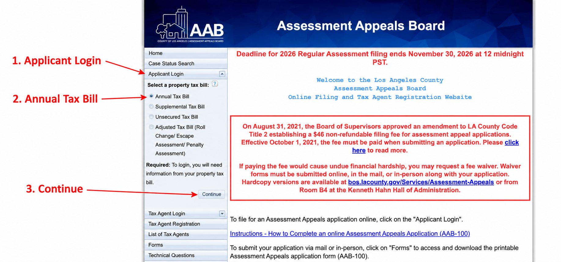 Choose Applicant Login, Annual Tax Bill, then Continue.
