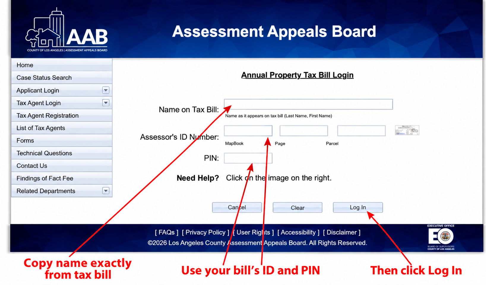 Use the name, ID, and PIN from your own tax bill.