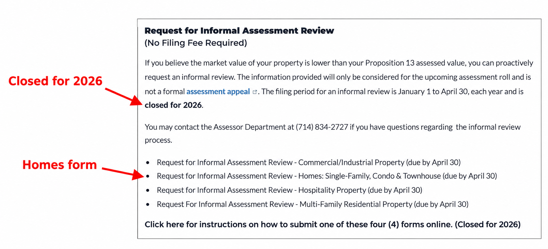 Informal review section showing the Homes form and 2026 closure notice