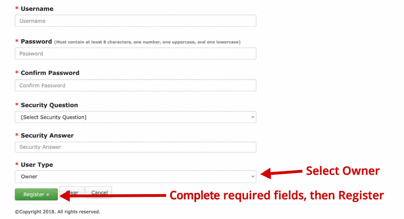 Select Owner and complete registration