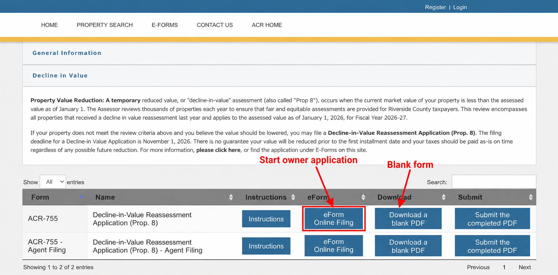 Start the owner application or download the blank form