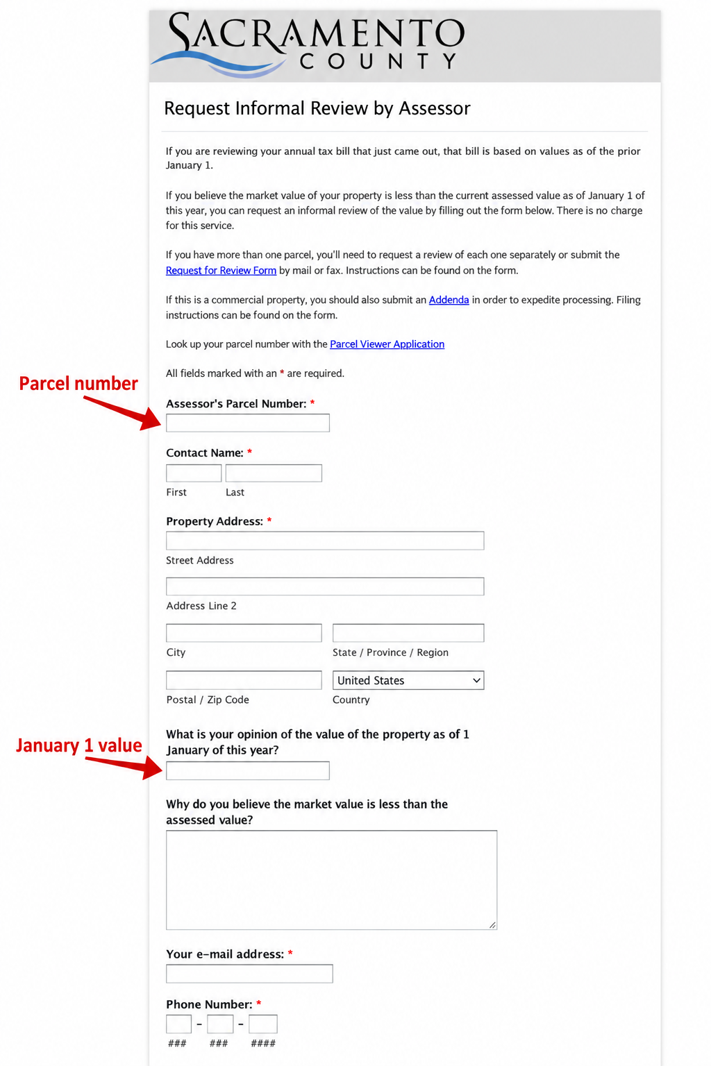 Sacramento’s informal review form, with parcel number and January 1 value marked.