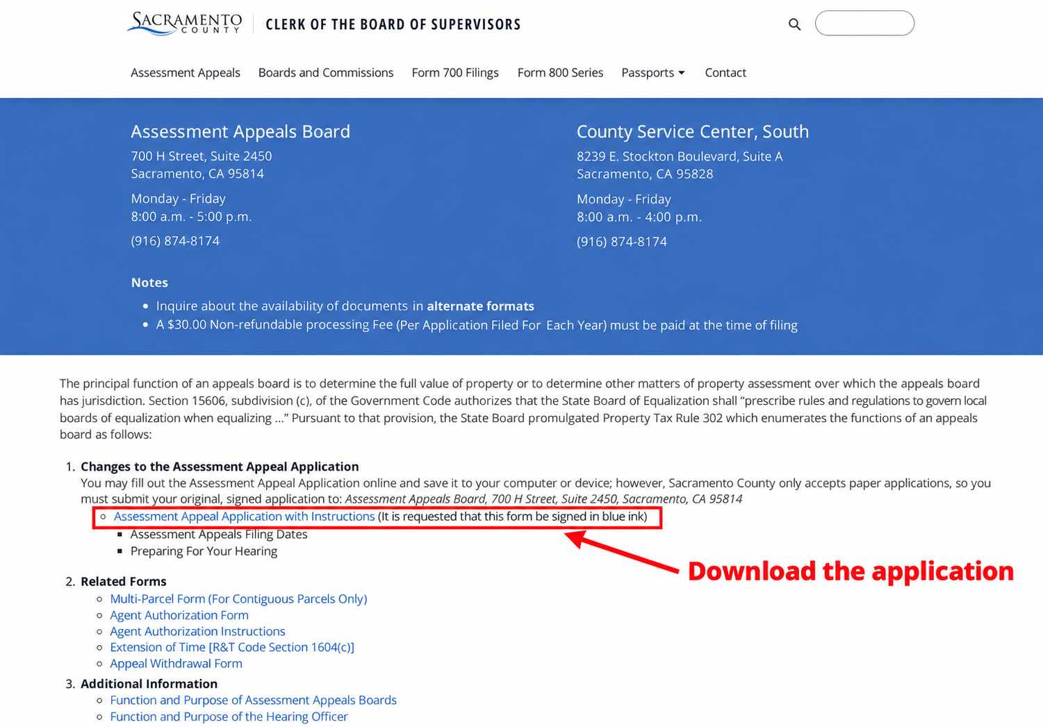 Sacramento’s appeals page, with the application download marked.