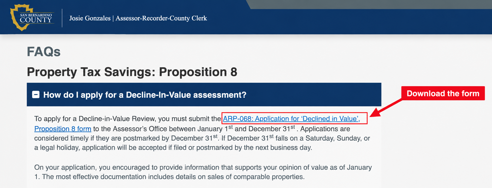 The Assessor’s FAQ links to the ARP-068 form.