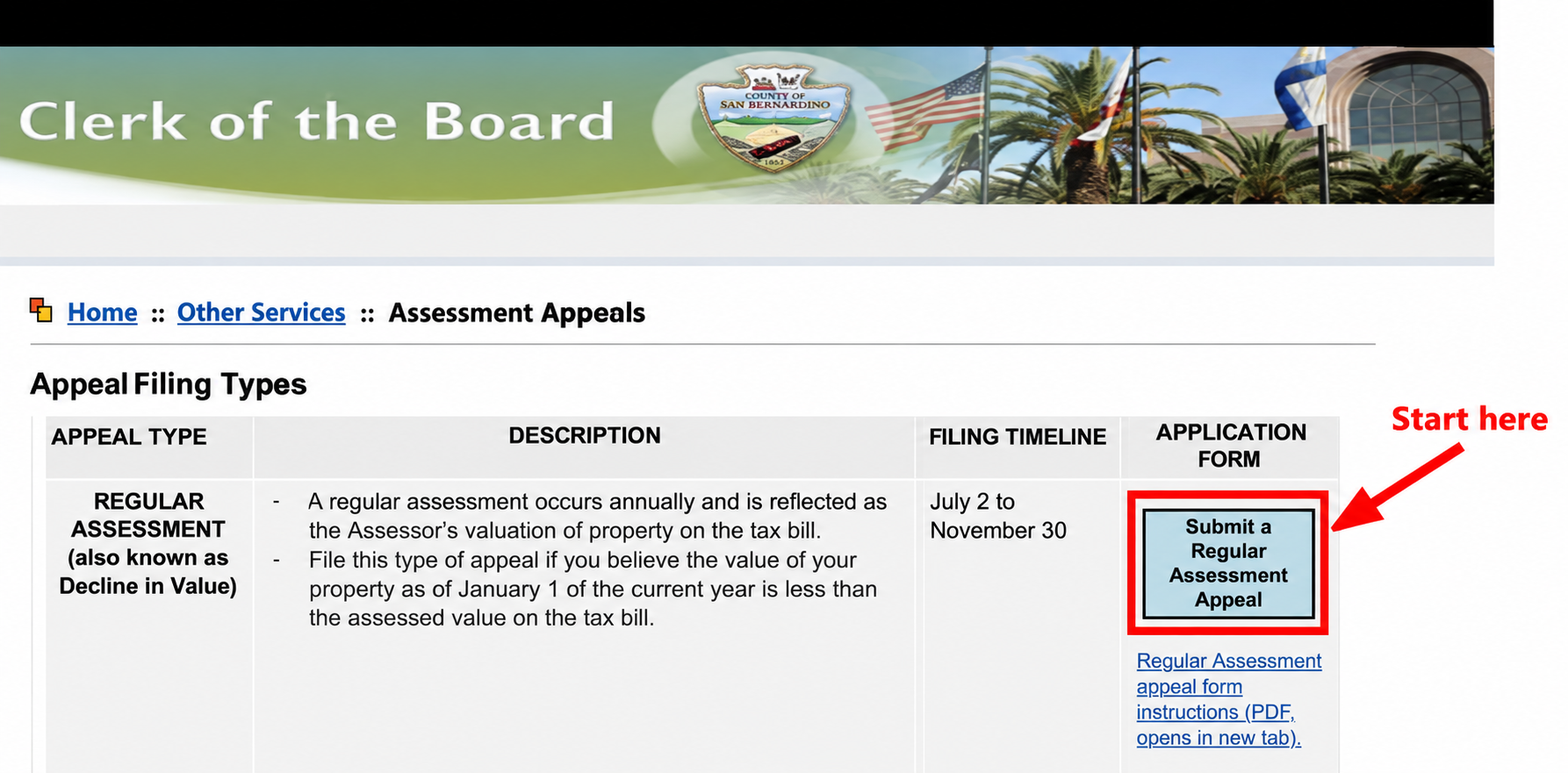 Select Submit a Regular Assessment Appeal.
