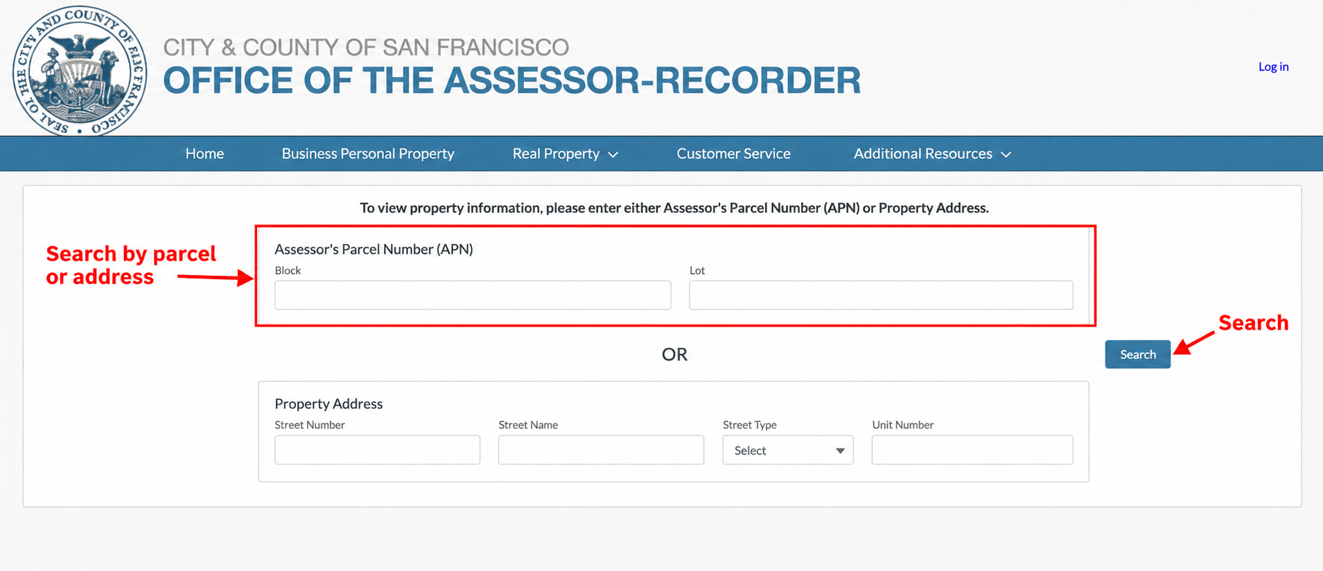 San Francisco’s community portal property search, with parcel fields and Search marked.
