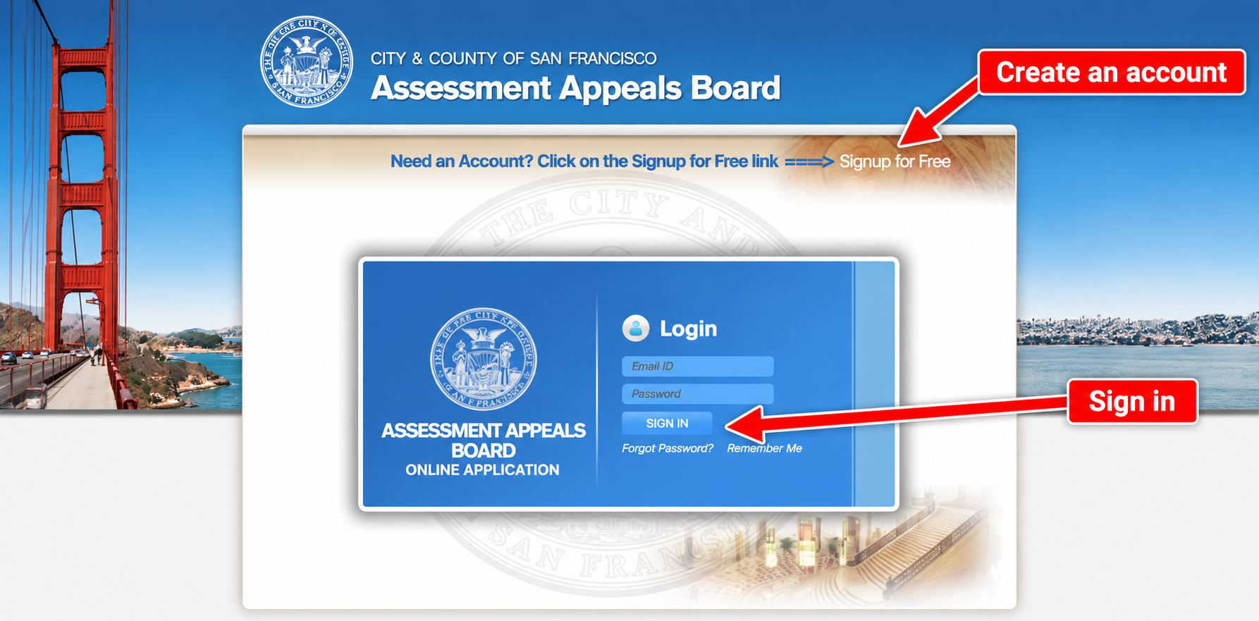 San Francisco’s appeals portal, with account registration and sign-in marked.