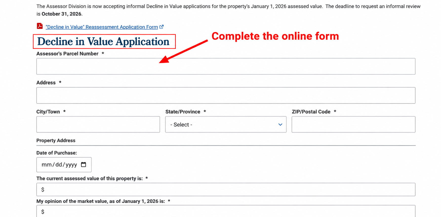 Start the Assessor’s online Decline in Value Application.