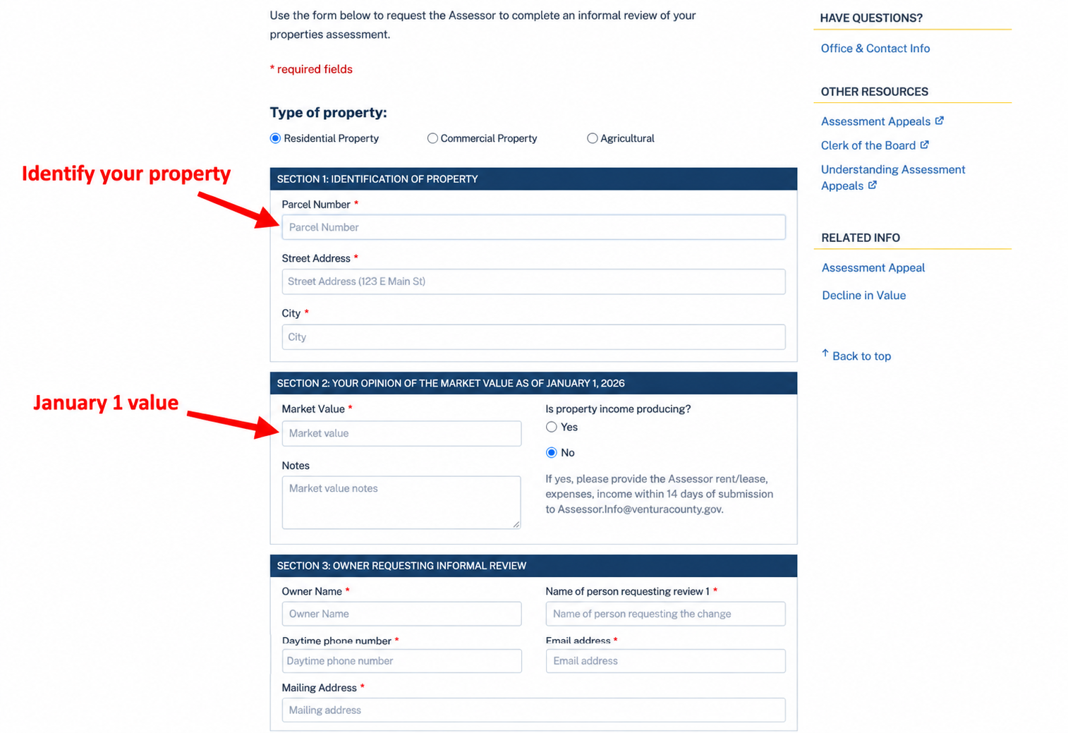Enter your parcel number and January 1 market value.